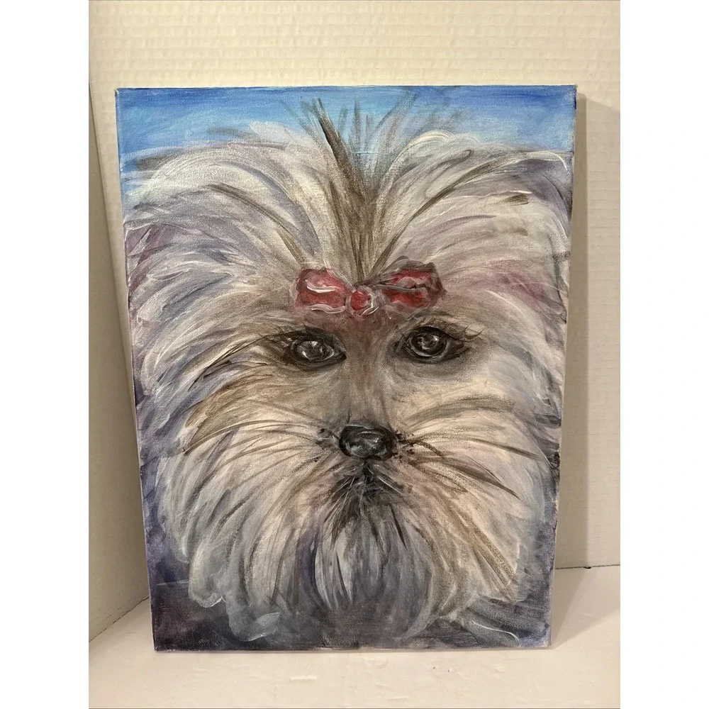 One Of A Kind-Original Yorkie Terrier Dog Painting-ART-Colorful-Pink Bow-Canvas